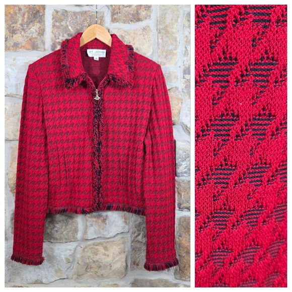 St John Santana Knit Houndstooth Fringe Blazer Suit Jacket